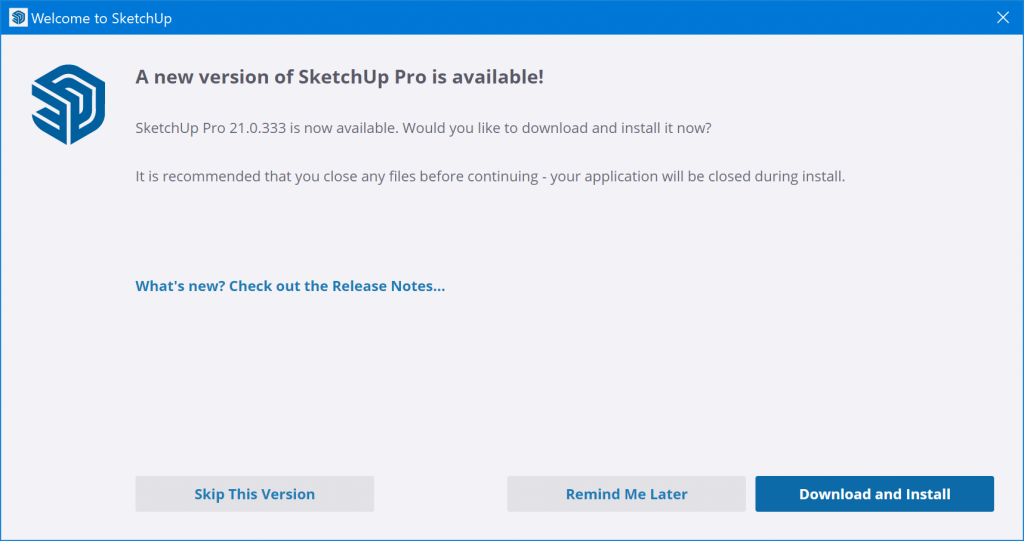 SketchUp 2021 update available prompt