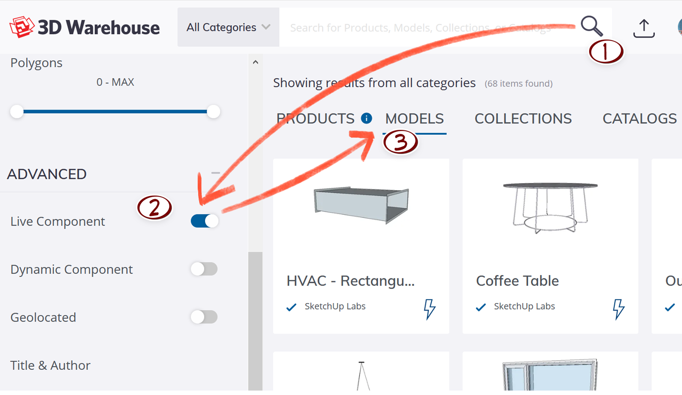 Filter for all live components in the 3D Warehouse