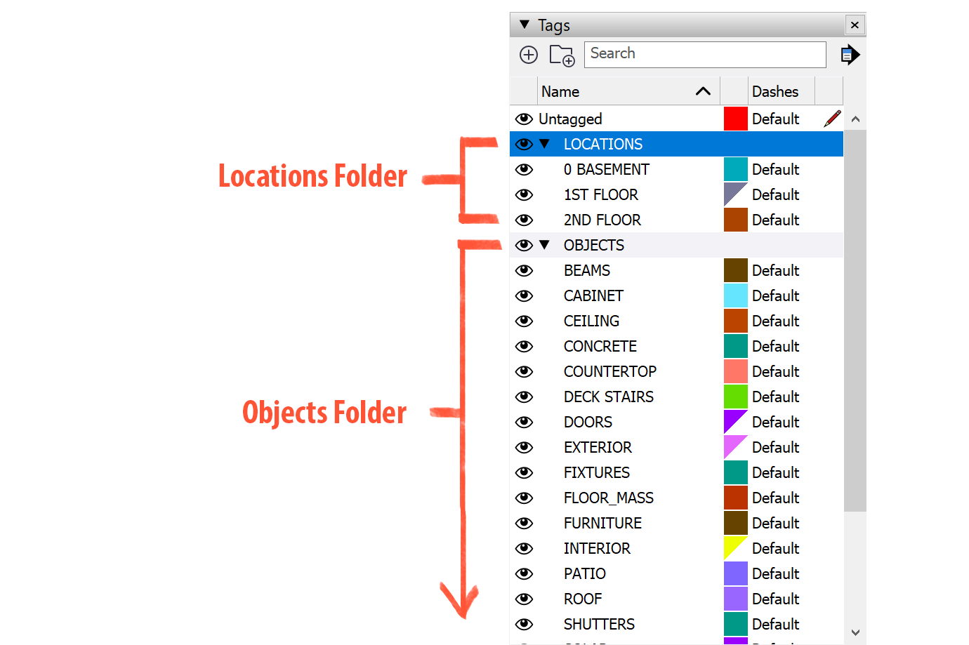 SketchUp layer panel organized in folders